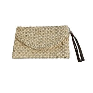 Elegant Cream Woven Clutch with vegan leather Tassel